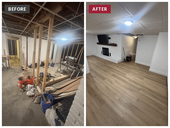 Side-by-side view of a basement fireplace wall transformation. The "Before" panel shows raw concrete floors, exposed wall framing, buckets, and construction materials. The "After" panel highlights refinished light wood-look flooring, crisp white walls, modern ceiling lights, and a refreshed white brick fireplace insert.